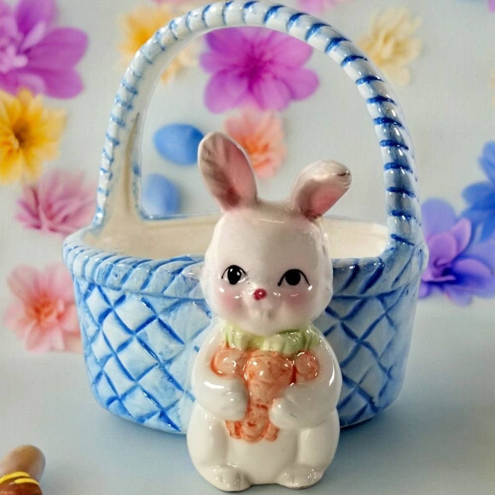 Cute Easter Bunny and Blue Basket Ceramic Perfect for Easter Holiday's Sweet